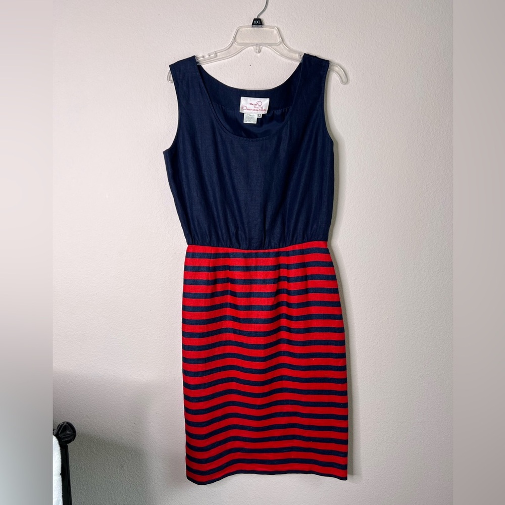 MISS O OSCAR DE LA RENTA Women’s Dark Blue/Red Striped Linen Sleeveless Dress